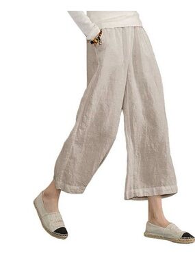 Ecupper Linen cotton Cropped neutral Wide Leg khaki Pants 2XL breathable beachy